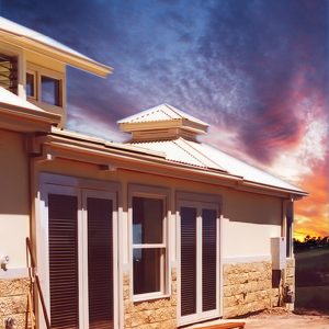 green home North facade of solar court, sustainable ecohome designed by BP Architects